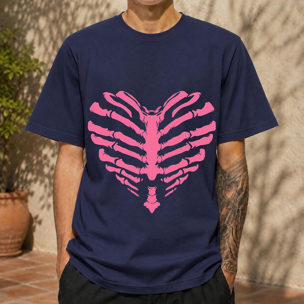 2026 New Cotton Tshirt Punk Style Rib Heart Skeleton Personalized Print Top Casual Short Sleeve