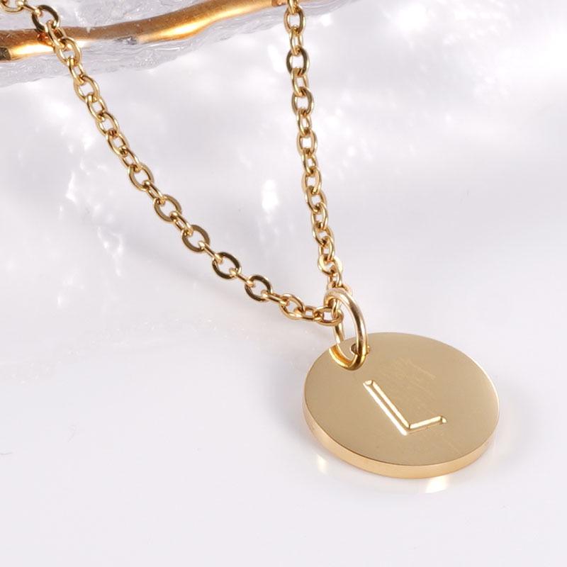 18K Gold Stainless Steel Minimalist Letter Necklace with 26 Round Pendant Options