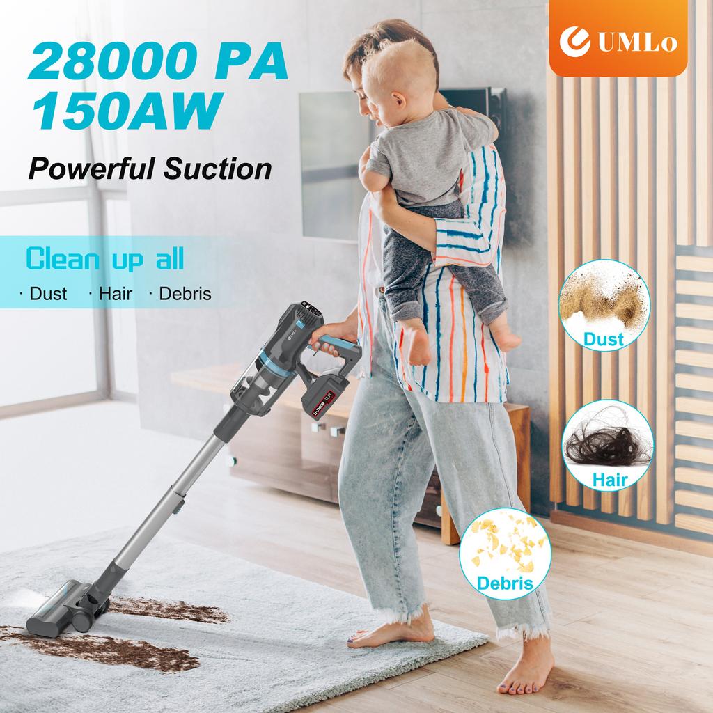UMLo V11 Blau&Grau Akku-Stielstaubsauger – 2-in-1 Hand- und Bodenreinigung mit HEPA-Filterung, 300W Motor, 4000mAh Akku, LED-Display