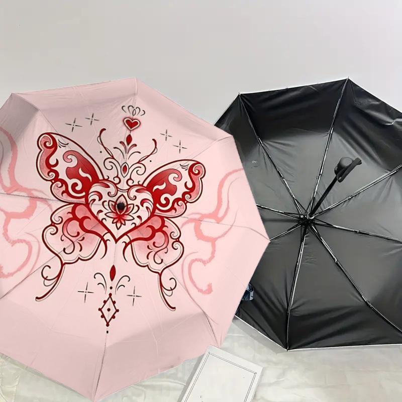 1pc Butterfly Heart Automatic Folding Umbrella 8 Rib Iron Frame,  Suitable for Travel, Daily Use, Birthday, Women & Men Gift c1231067
