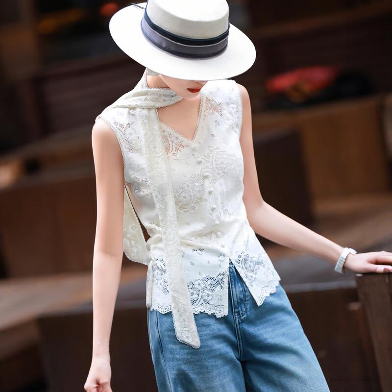 Lanser 2026 Summer Elegant Lace Ribbon V-Neck Sleeveless Top L