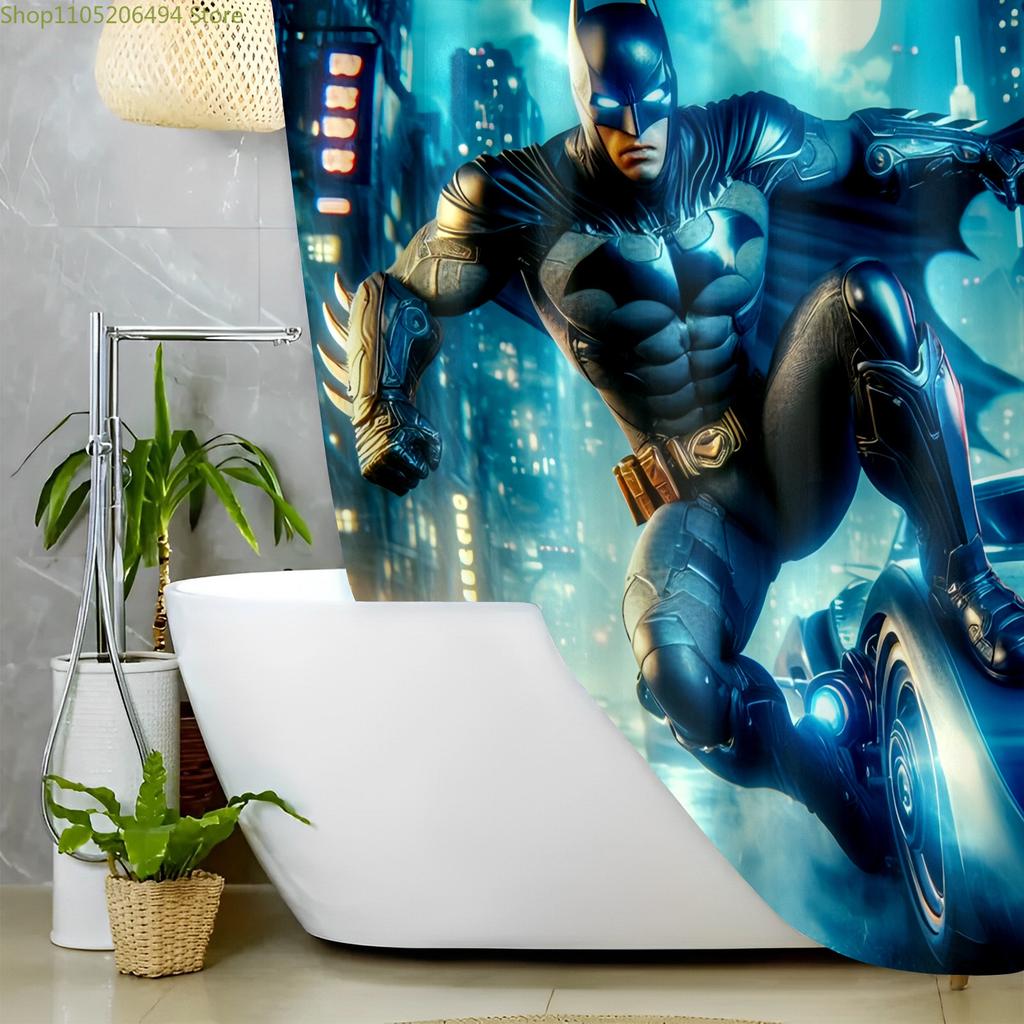 Warner Bros Superhero City Night Shower Curtain, Valentine's Day Bathroom Decor, Bat Hero Action Scene Fabric Bath Curtain wit