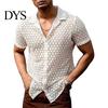 Loose Men Shirt Summer Hollow See-through Lace Flower Pattern Turn-down Collar Design Short Sleeves Single-breasted Mid Length Cardigan Vacation Beach