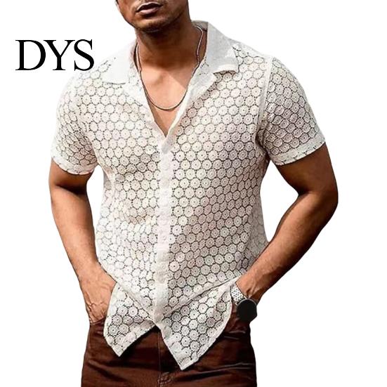 Loose Men Shirt Summer Hollow See-through Lace Flower Pattern Turn-down Collar Design Short Sleeves Single-breasted Mid Length Cardigan Vacation Beach