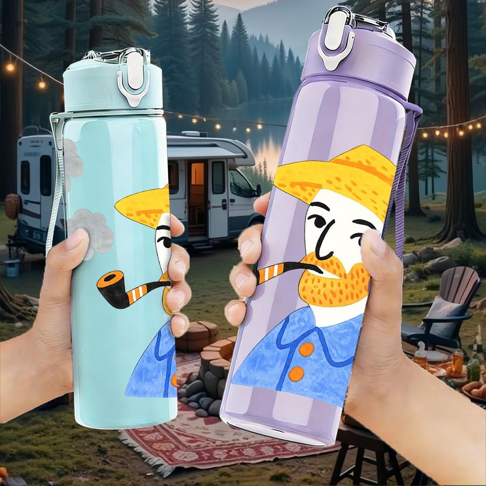 1PC Smoking Hat Man Retro Print 750ml Color Plastic Sports Water Bottle Leakproof Flip Straw Lid Suitable for Sports Office Home Use