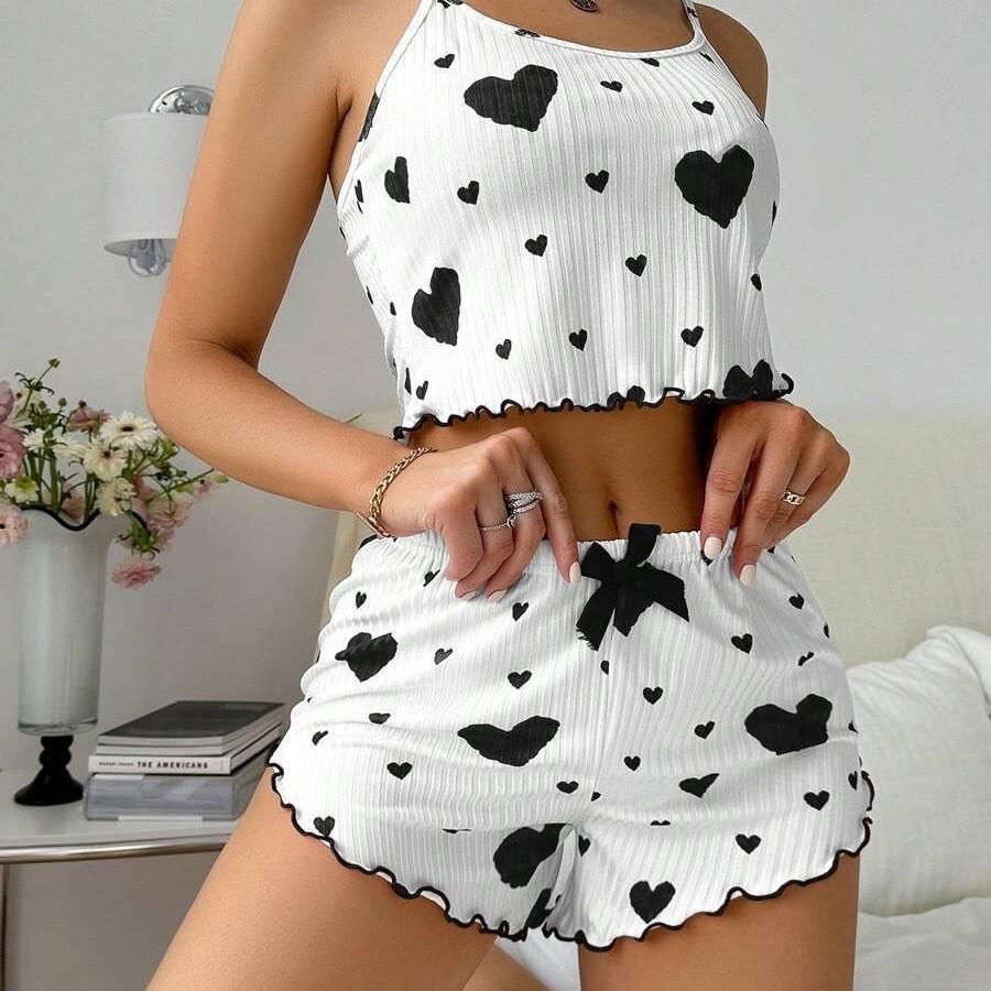 European and American Style Heart Print Camisole Shorts Ribbed Homewear Set