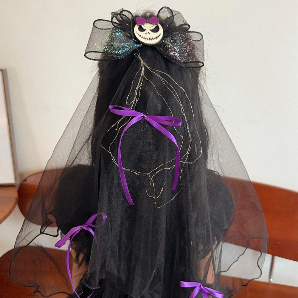 Gothic Style Luminous Head Crown Lace Veil Rose Hair Hoop Halloween Veil Headband  Holiday Decor