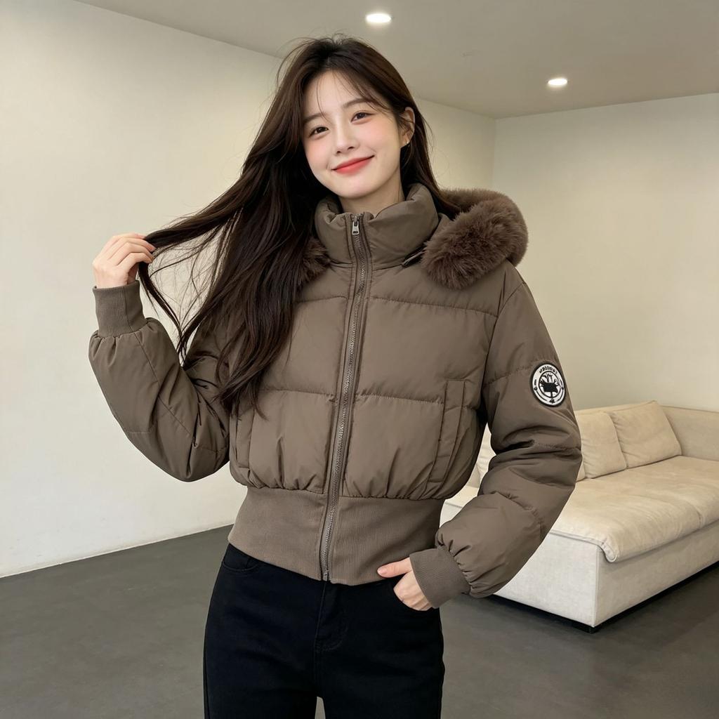 fur collar waist down cotton-padded clothes women's short winter new small bread clothes padded jacket thickened coat