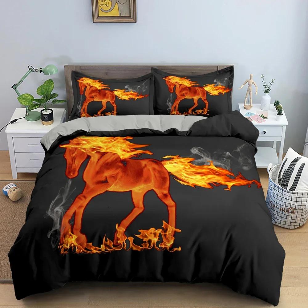 3D Flaming Animal Pattern Duvet Cover Luxury Bedding Set Fire Dragon And Horse Bedclothes Bedroom Decor Home Textile 2/3Pcs