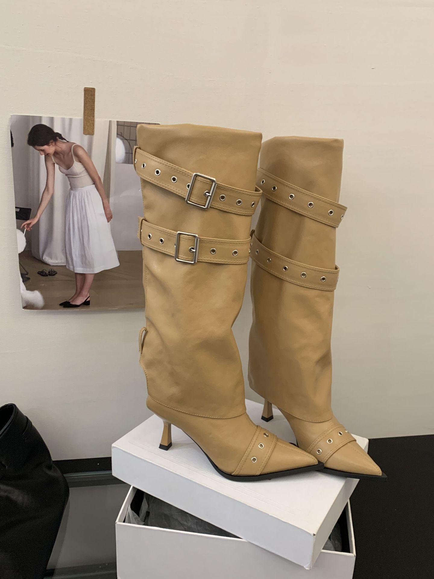 

Pointed High Heel Boots Women s Skinny Heel Pants Boots Trendy Spice Girl Belt Buckle Fashion Boots 39