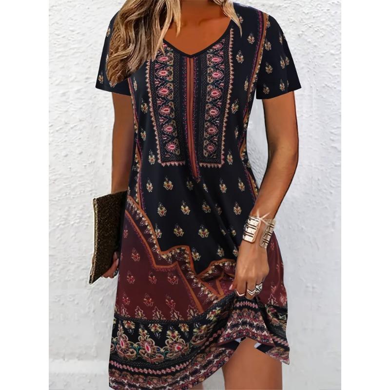 Zomerse Bloemen Damesjurk Mode Casual Boho Strand Zomerjurk Korte Mouw V-hals Sexy 3D Print Losse A-lijn Jurk Femme Vestidos
