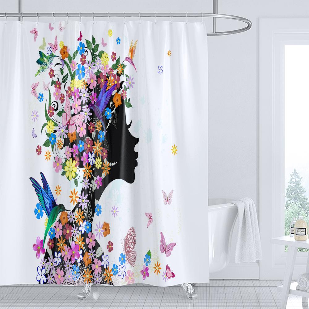 Beautiful Flower Butterfly Girl Shower Curtain Waterproof Shower Curtain Bathroom Partition Curtain Bathroom Decor Accessories