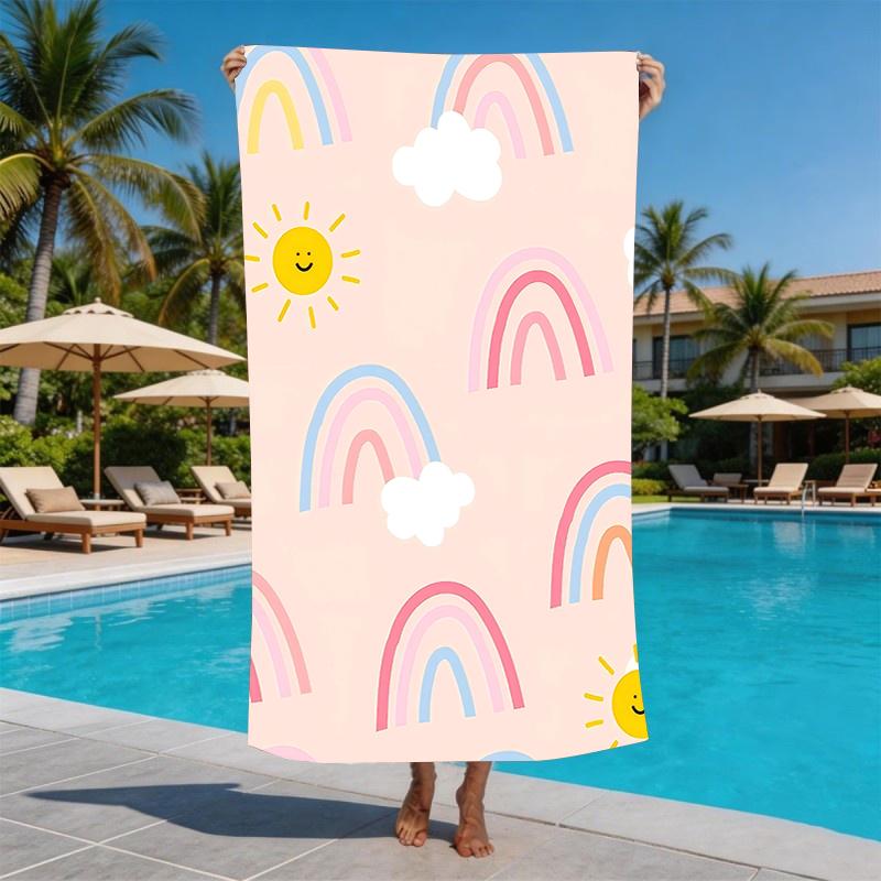 Kawaii Cartoon Rainbow White Clouds Microfiber Beach Towel Extra Large Sand Free Ultra Absorbent Big Pool Towel for Vacations