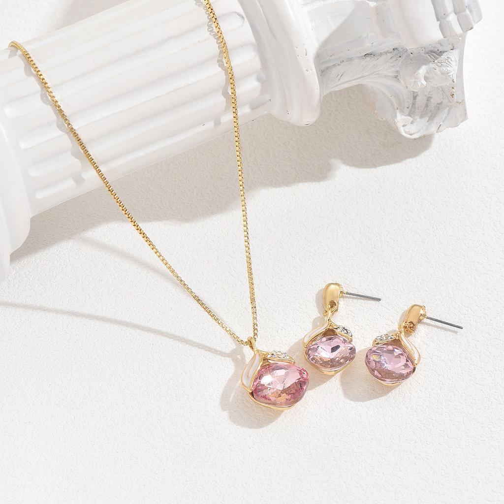 Ladies Pink Zircon Necklace & Ear Stud Jewelry Set