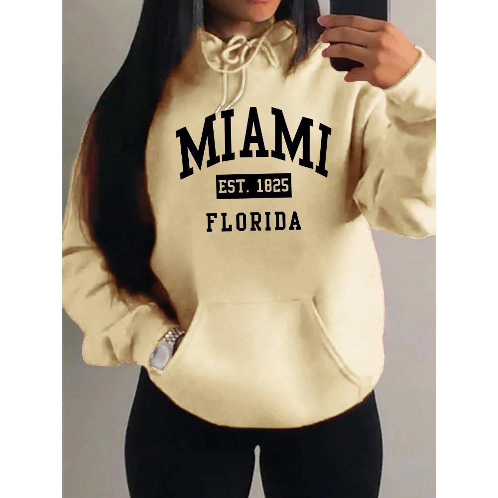 Miami Est 1825 City Art Letter Prints Women Hoodie Pocket Streetwear Harajuku Loose Hoody Fleece Female Clothing