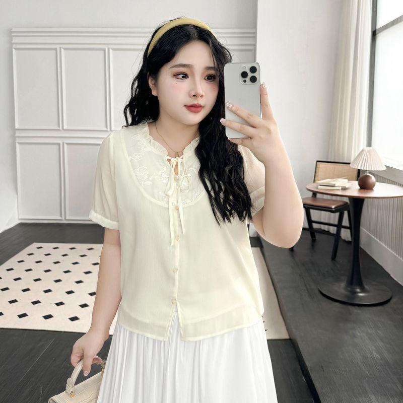 

Plus size women clothing [New Chinese Style National Style Shirt] Chubby Girl Summer High-Grade Embroidered Lace-up Slimming Short sleeve Top Apricot-Shirt 8xl