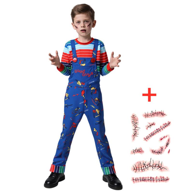 3-12Y Chucky Costume Halloween Outfit Printed Letter Overalls Child Cosplay Dress Up Give The Gift of Scar Stickers