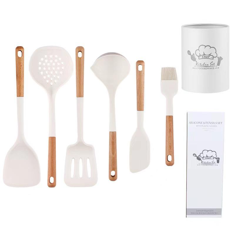 

Набор из 6 деревянных ложек из силикона: Пищевая, термостойкая, антипригарная кухонная утварь с местом для хранения 7-piece set with storage bucket