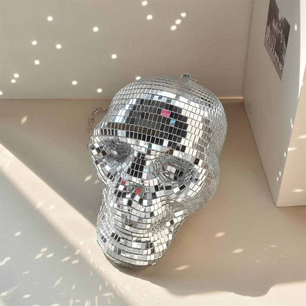 Reflective Mirrored Skull Head Ornament Hanging Chain Discos Balls Pendant for Halloween Parties and Unique Home Decors