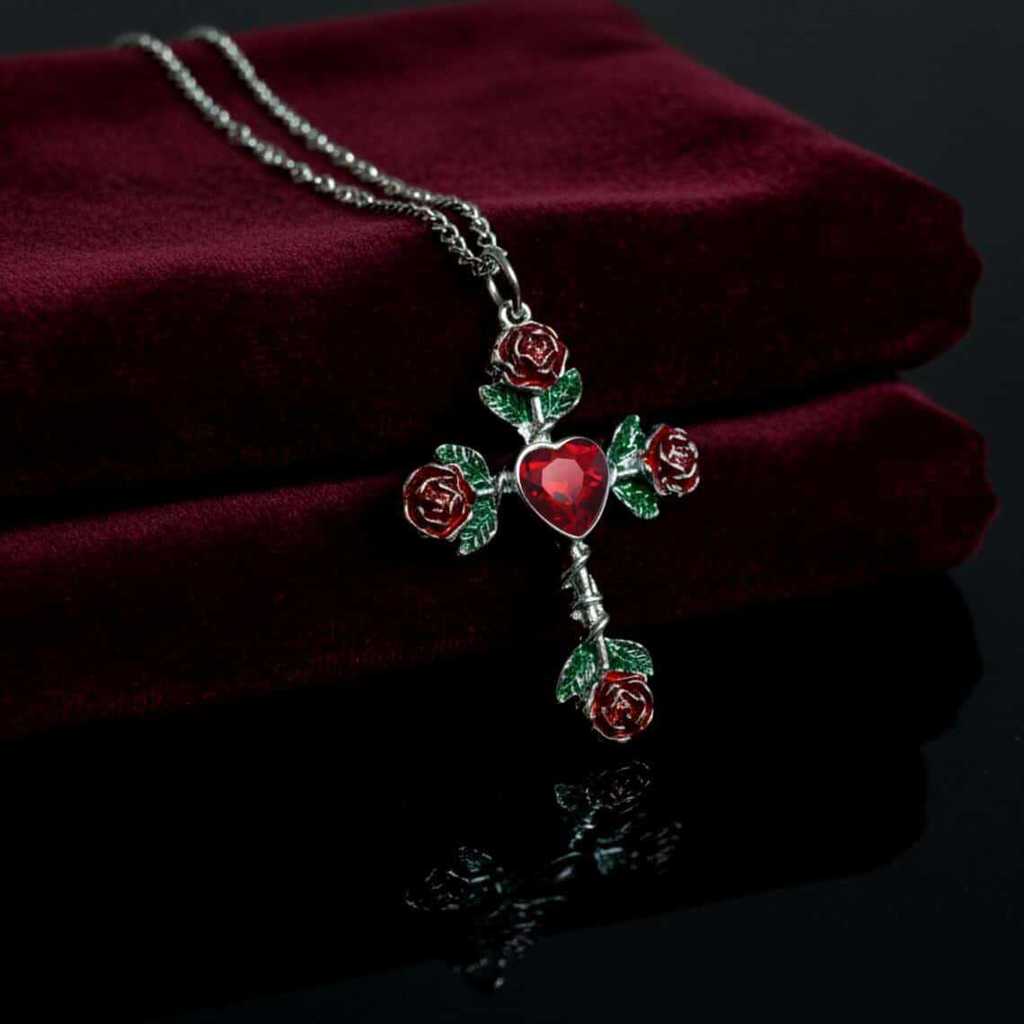 Gothic Rose Cross Necklace With Vintage Silver Pendant For Women Party Wear