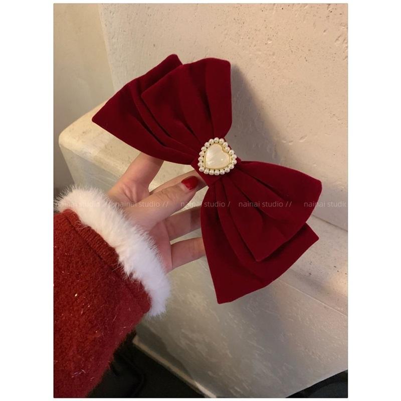 Cat Eye Heart Bow Velvet Hair Clip Women Retro Wine Red French Elegant Pearl Back Head Hair Accessories