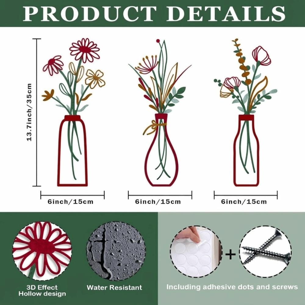 3 Pieces Set Vase Design Floral Decor 3D Wall Stickers Wall Decor Metal Flowers Wall Art  Bathroom