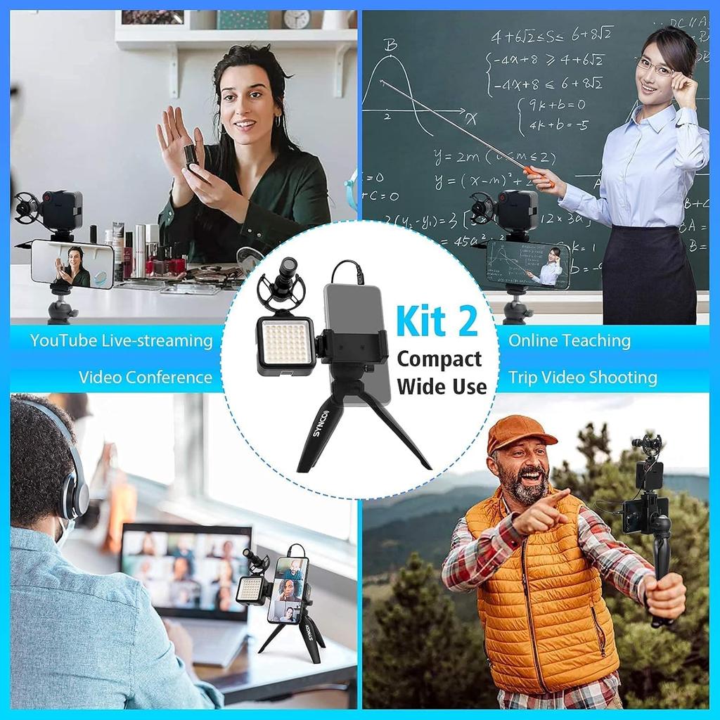 Smartphone-Camera-Video-Microphone-Vlogging-Kit, SYNCO Vlogger Kit 2 Shotgun Microphone with LED Light, Mini Tripod, Mini Ball Head, Phone Holder for