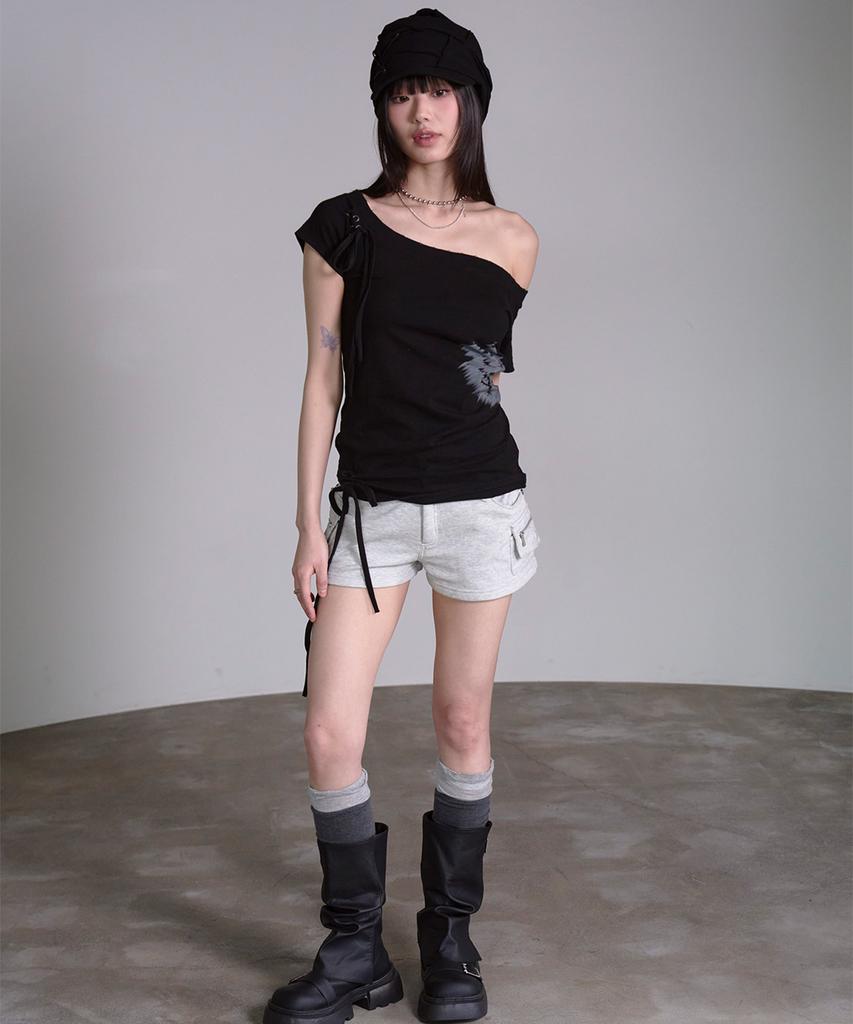 PRENDA Corset Detail One-Off-Shoulder Short Sleeve Black