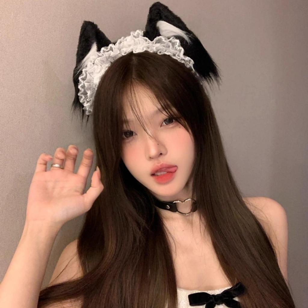 Koronkowa opaska z kocimi uszami dla dziewczynek, akcesoria do włosów, uszy bestii, urocze nakrycie głowy Lolita, kocia opaska, pluszowa spinka do włosów