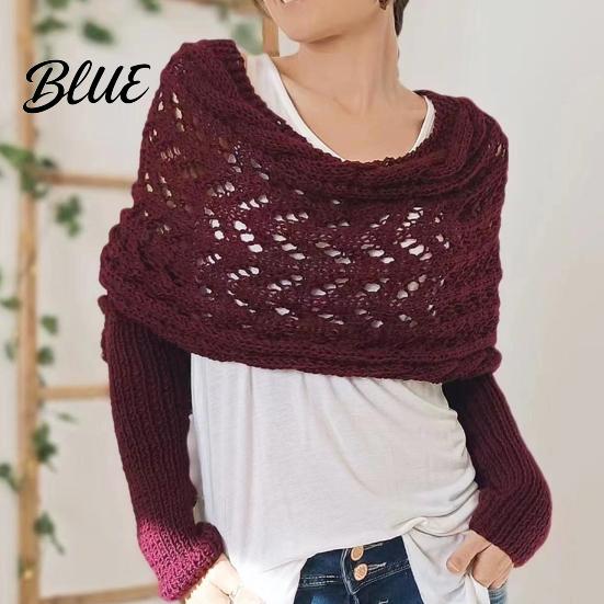 Double Sleeved Cardigan Scarf Sweater with Sleeves for Women Knitted Cable Wrap Shawl Casual Chic Oversized Shawl Shrugs Autumn Winter Retro Hollow