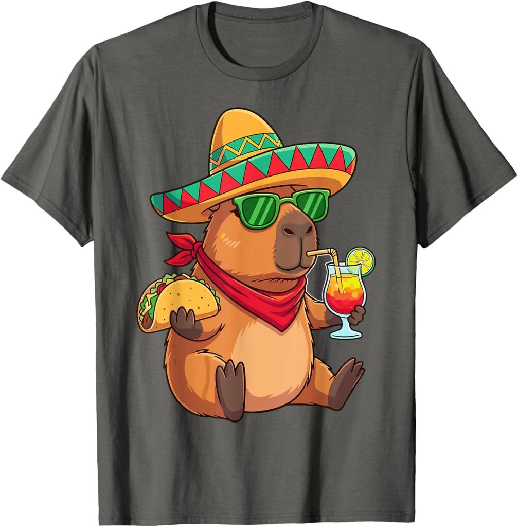 Capybara Sombrero Taco Drink Summer Fiesta Graphic Tee Shirt Casual Breathable Men