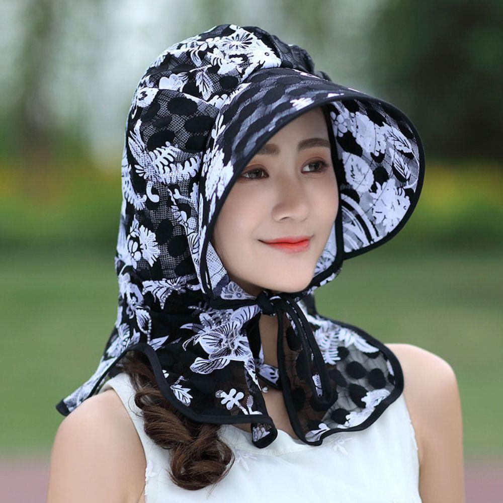 Sunscreen Women Sun Hat Neck Guard Print Floral Sunscreen Hat Breathable Picking Tea Hat Riding