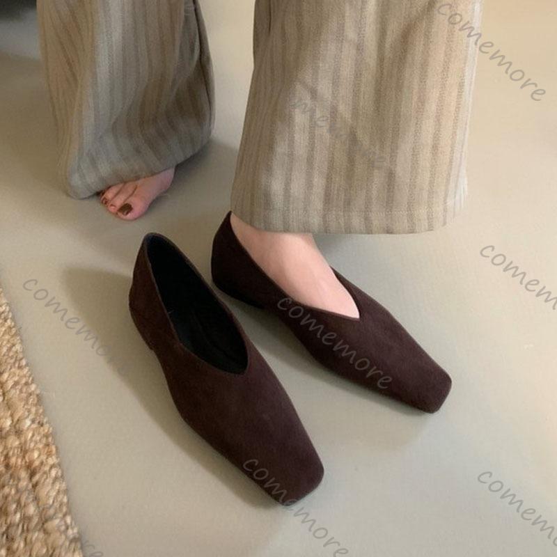 Fashion Comemore French Retro Suede Square Head Shallow Mouth Single Shoes for Women 2025 Spring Autumn New Temperament Slip On Flats