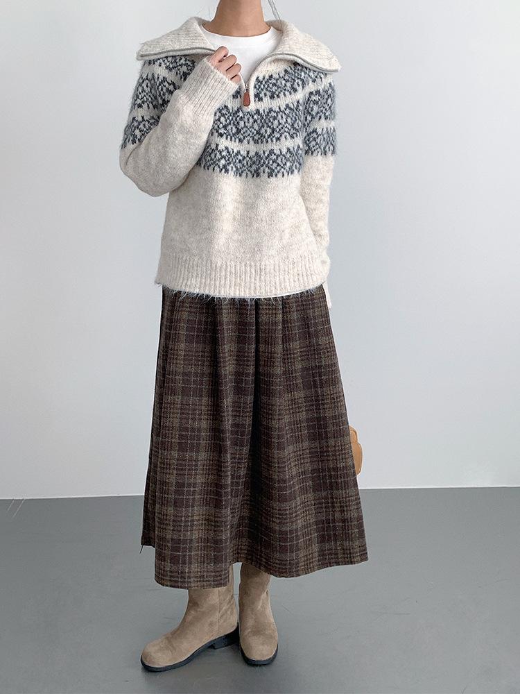 Ou Fan Retro Plaid Woolen Pleated A-line Skirt with Elastic Waist for Autumn/Winter