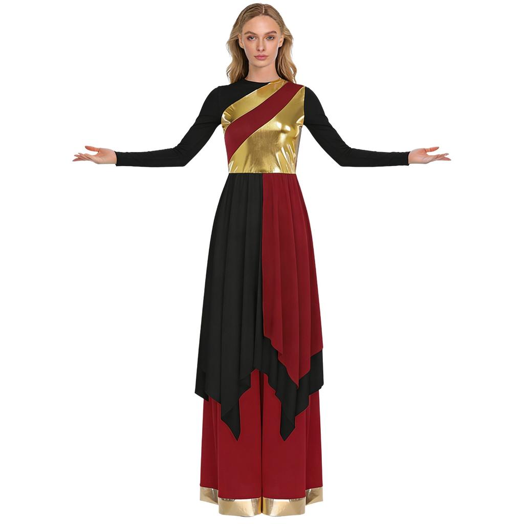Dames Lyrische Dans Kostuum Set S-XXL: Jurk met Lange Mouwen, Metallic Contrastkleur, Onregelmatige Zoom & Wijde Broek voor Kerkdienst, Dans