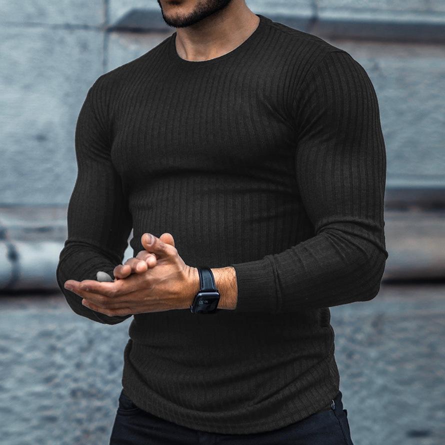 Men's Autumn Sports Fitness Casual Stand Collar Stretch Vertical Stripe Round Neck Long Sleeve T-Shirt