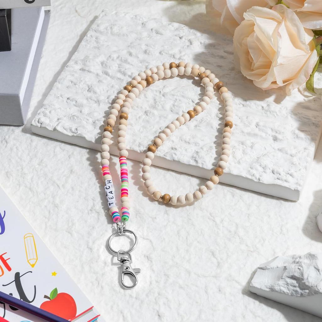 BeYumi 5Pcs Wooden Beaded Lanyards for ID Badges Women Teacher Lanyard with ID Holder School Work Female Accessories Gift