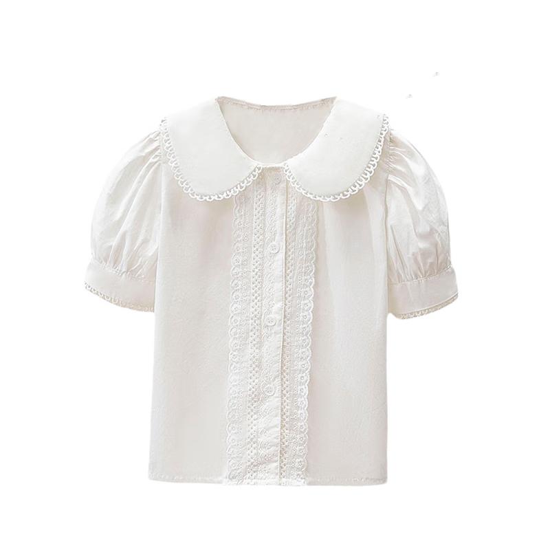 LUOBOBEIBEI Girls' White Blouse with Lace Trim, Versatile Japanese-Style Sweet Doll Collar Short-Sleeve Top, White, Size 130