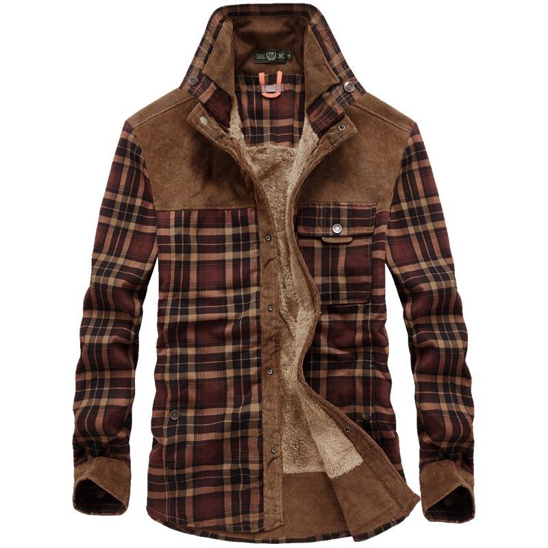 Men's Tooling Fleece Long Sleeve Plaid Shirt Large Size Lapel Warm Casual Cotton Jacket Men's Shirt