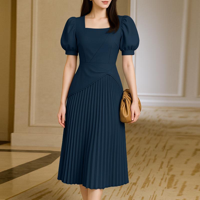 ZANZEA Women Casual Square Collar Summer Short Sleeve Pleated Dress