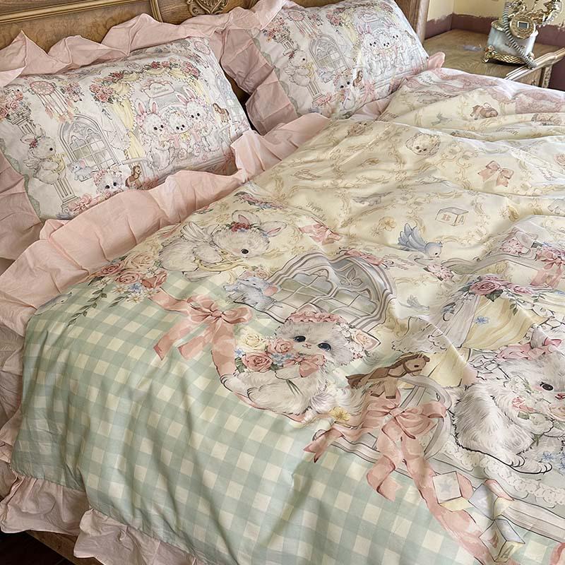 Cute Cartoon Lolita Pure Cotton Bedsheet and Duvet Cover Set – All-Cotton, Four-Piece Set