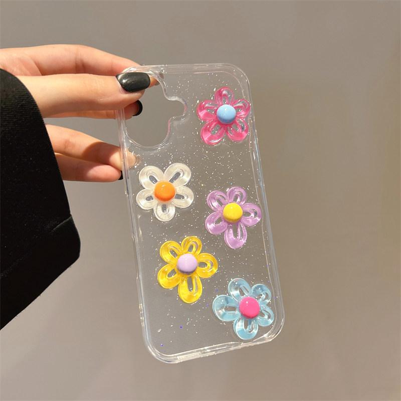 Cute Transparent 3D Colorful Flower Glitter Sparkle Effect Girly Phone Case for iPhone17 Air 16 15 14 Plus 13 12 11 Pro Max Back Cover
