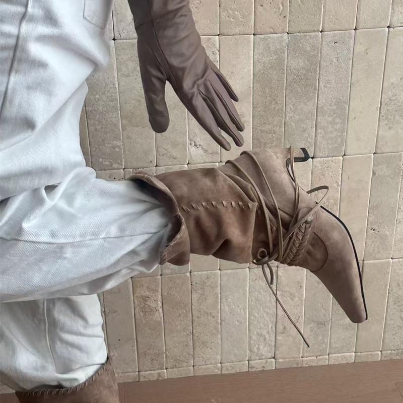 Autumn Winter Faux Suede Weave Lace-up Women Motorcycle Boots Fashion High Heels Chelsea Western Mid-Calf Short Booties Shoes