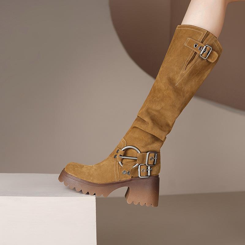 Fashion New Womens Retro Suede Boots Brown Belt Buckle Tall Boots Western Cowboy Boot Women's Boot Fashion Temperament Boots Botas Mujer