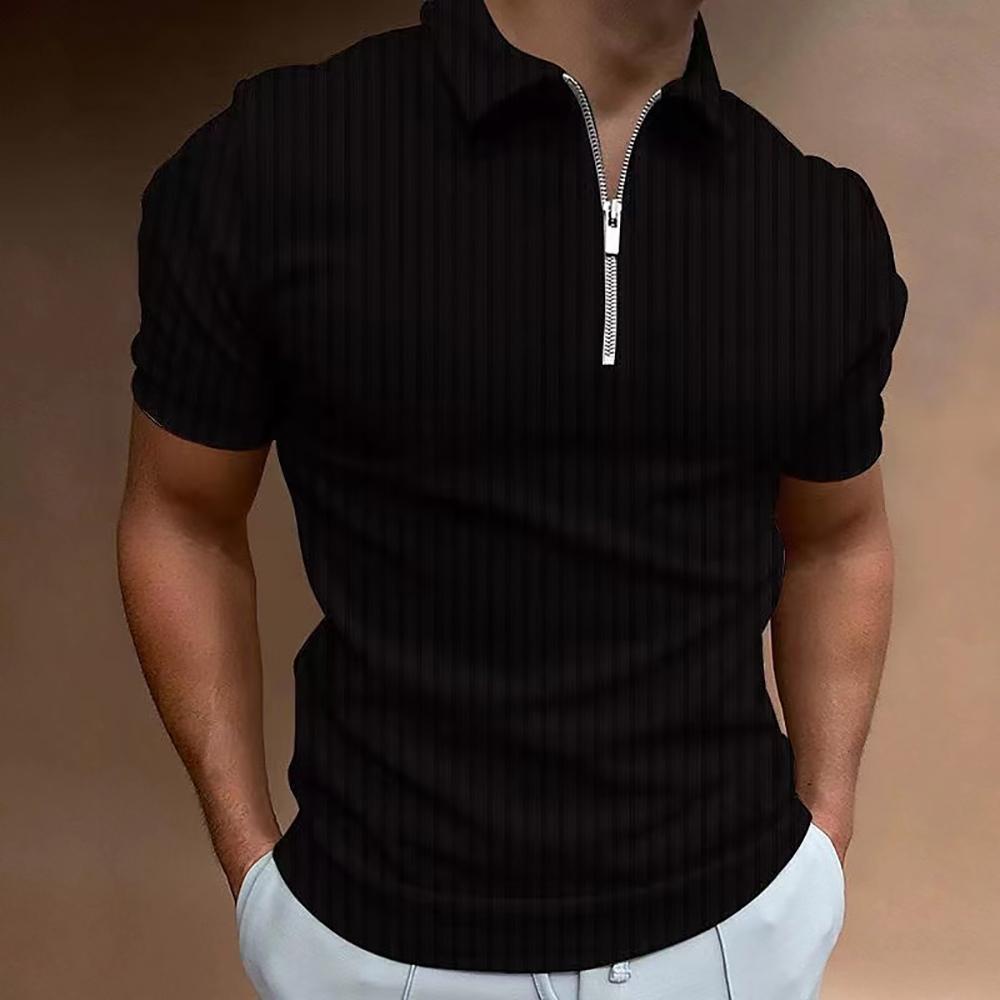 Men Striped Golf Shirt with Quarter Zipper Lapel Casual Holiday Short Sleeved T-shirt Fashionable Basic Style Regular Fit Shirt