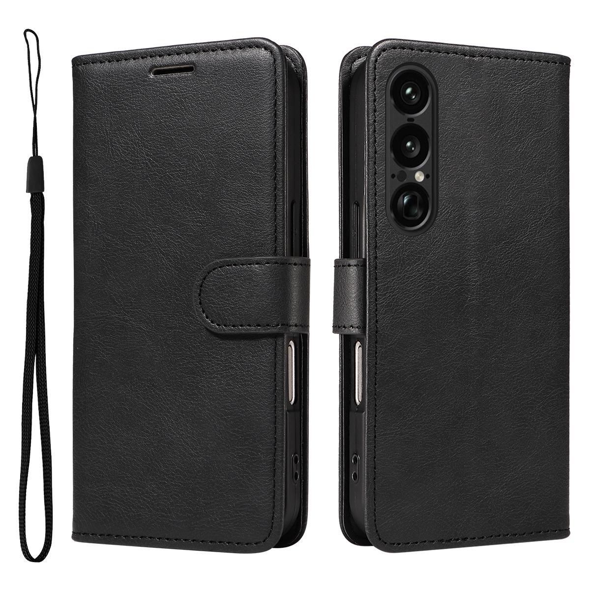 

Для Sony Xperia 1 VII Кожаный чехол-кошелек с ремешком Однотонный чехол-подставка для телефона Black