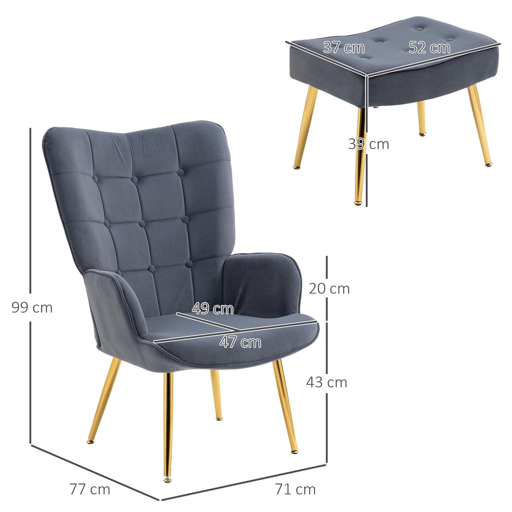 Armchair with Footrest, Upholstered Lounge Chair, High Back, Gold-Tone Steel Legs, Velvet, Dark Gray