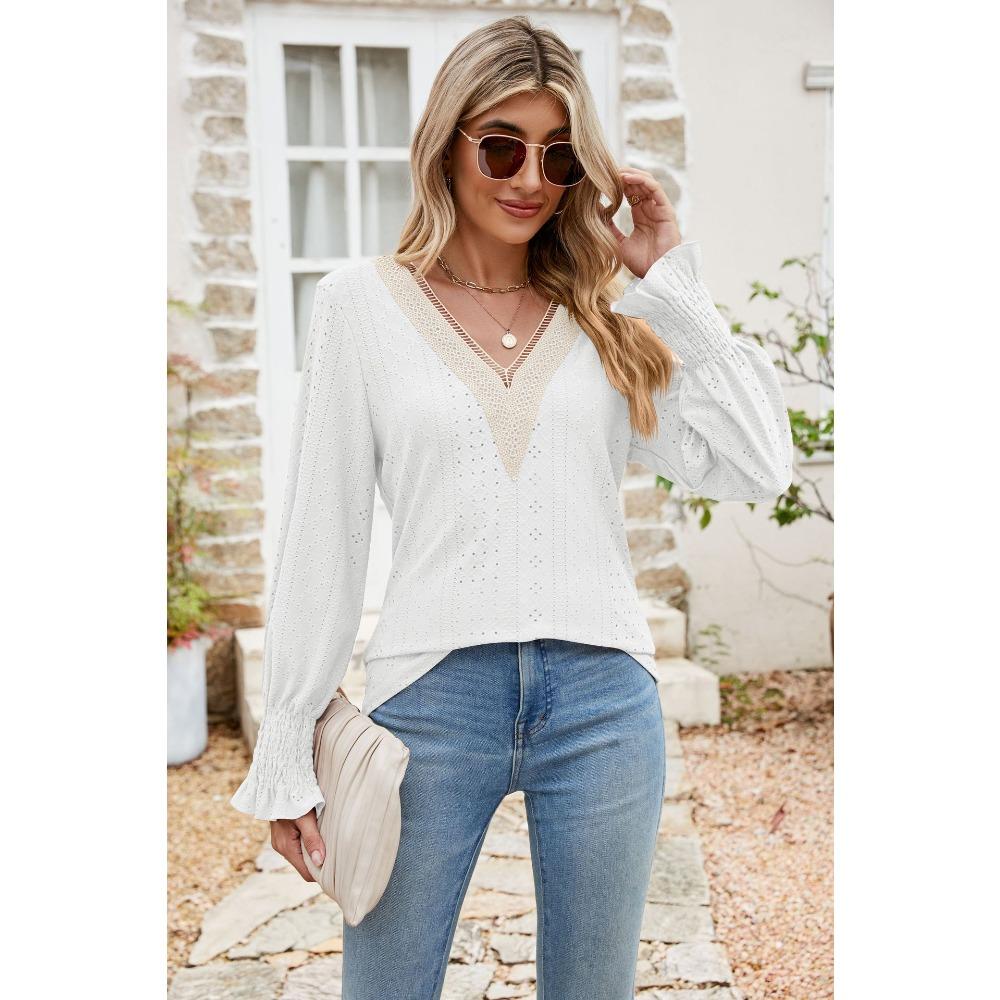 Women's Lace V Neck Long Sleeve Blouse Casual Loose Tunic Top with Flare Cuffs
