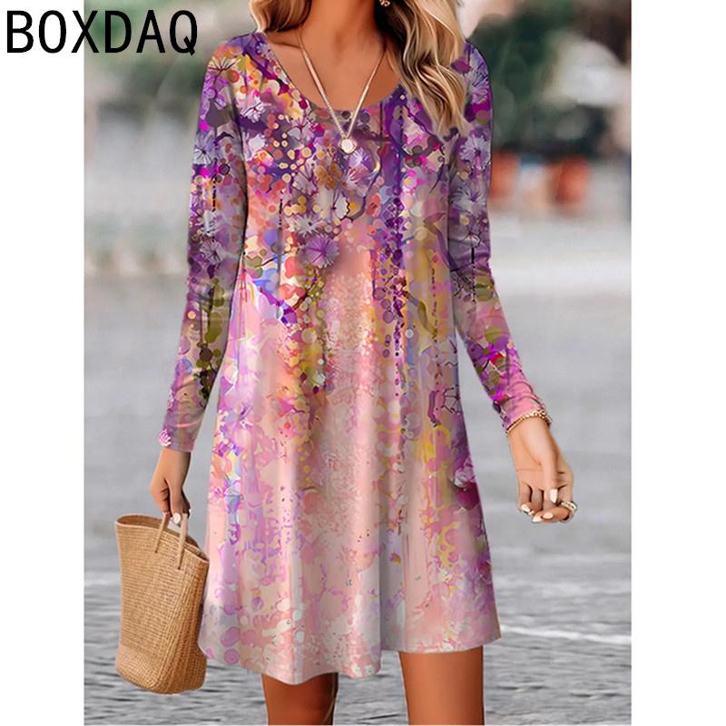 Vintage Boho Floral Elegant Women Dress Autumn Long Sleeve O-Neck A-Line Dress Big Size Casual Loose Dress Vestidos