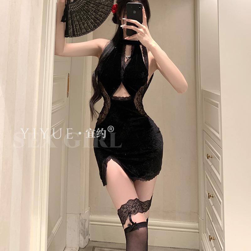 Erotic Underwear, Pure Sensual and Sexy Cheongsam, Nightclub Lace Seductive, Plate-size Uniform, No-take Pajama Set 1131
